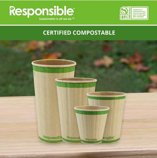Three compostable cups with green bands on a wooden surface, branded 'Responsible'.