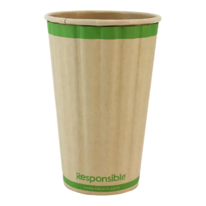 Compostable cup with green rim and 'Responsible' branding on a white background