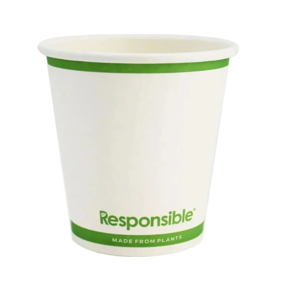 Compostable paper cup with green rim and 'Responsible' branding on a white background