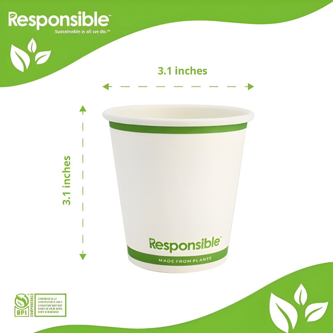 Paper cup with green band and 'Responsible' branding, showing dimensions on a white background.