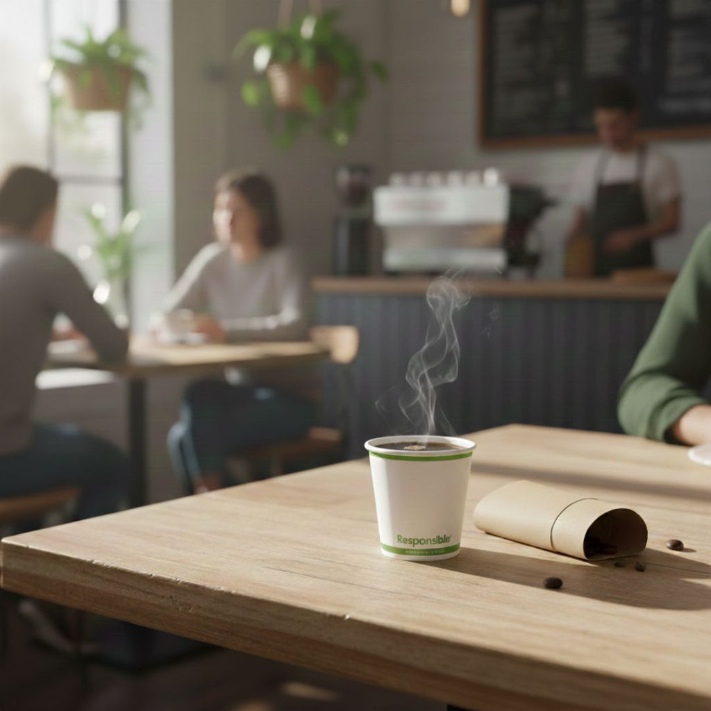 Smoking coffee cup on a table with a blurred cafe background