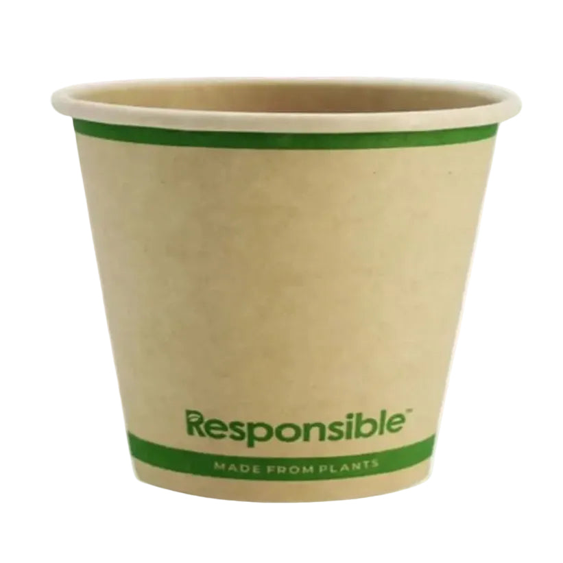 Compostable paper cup with green band and 'Responsible' text on a white background