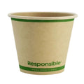 Compostable paper cup with green band and 'Responsible' text on a white background