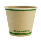 Compostable paper cup with green band and 'Responsible' text on a white background