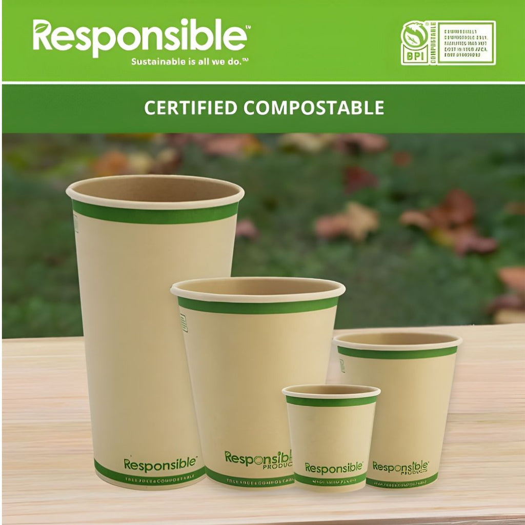 Set of compostable paper cups with 'Responsible' branding on a wooden surface.