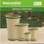 Set of compostable paper cups with 'Responsible' branding on a wooden surface.