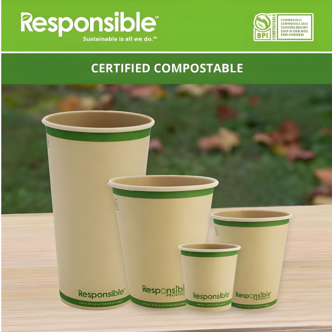 Set of compostable paper cups with 'Responsible' branding on a wooden surface.