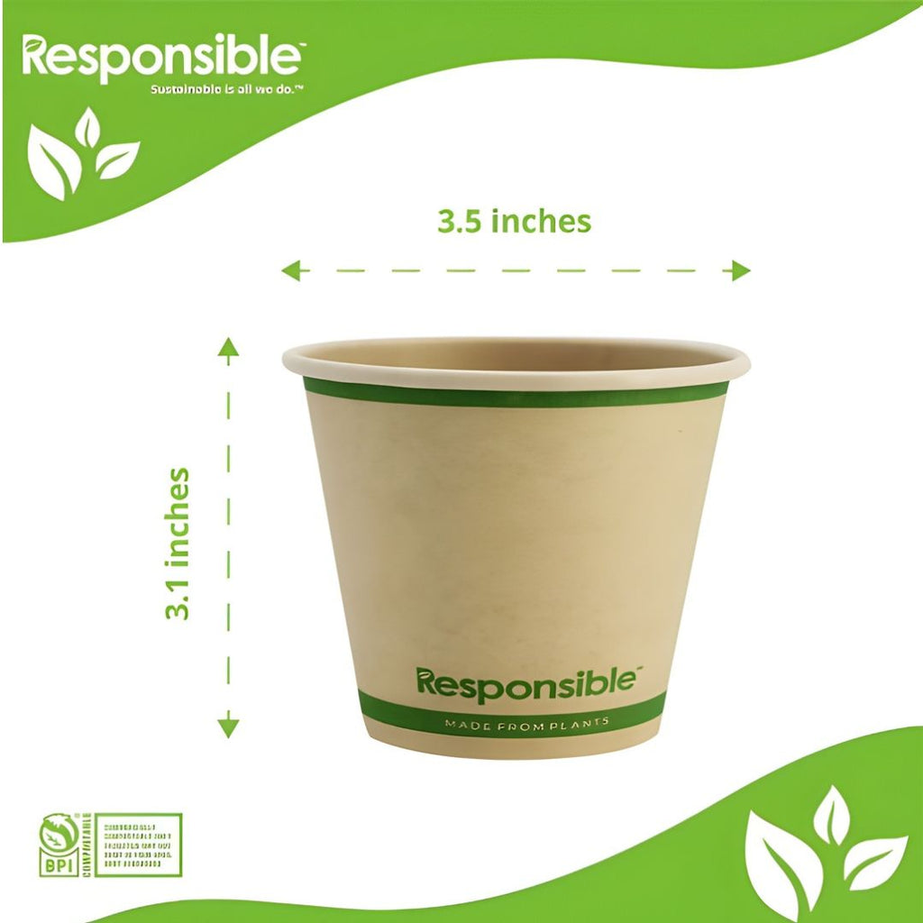 Compostable cup with 'Responsible' branding and measurements on a green and white background