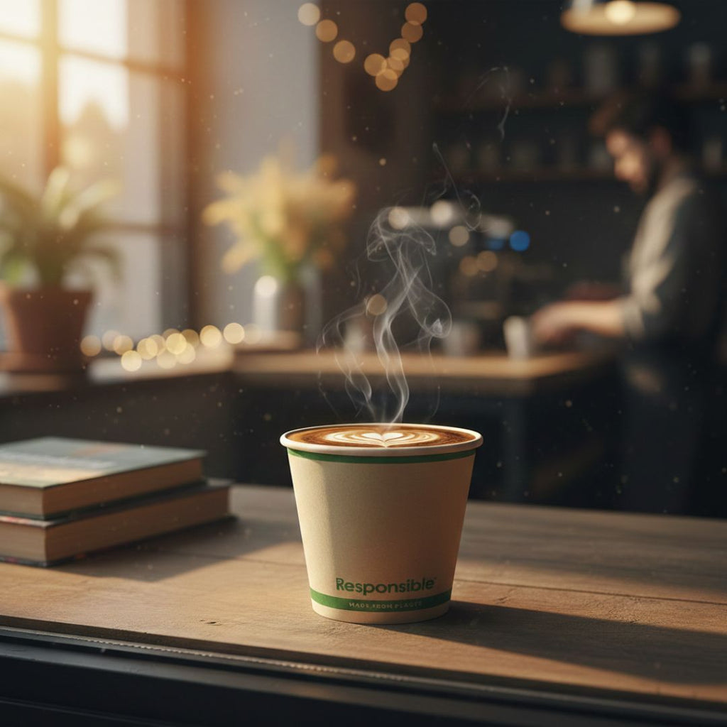 Steaming paper coffee cup on a wooden table with a blurred cafe background