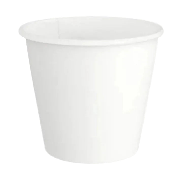 A plain white disposable paper cup on a solid white background.