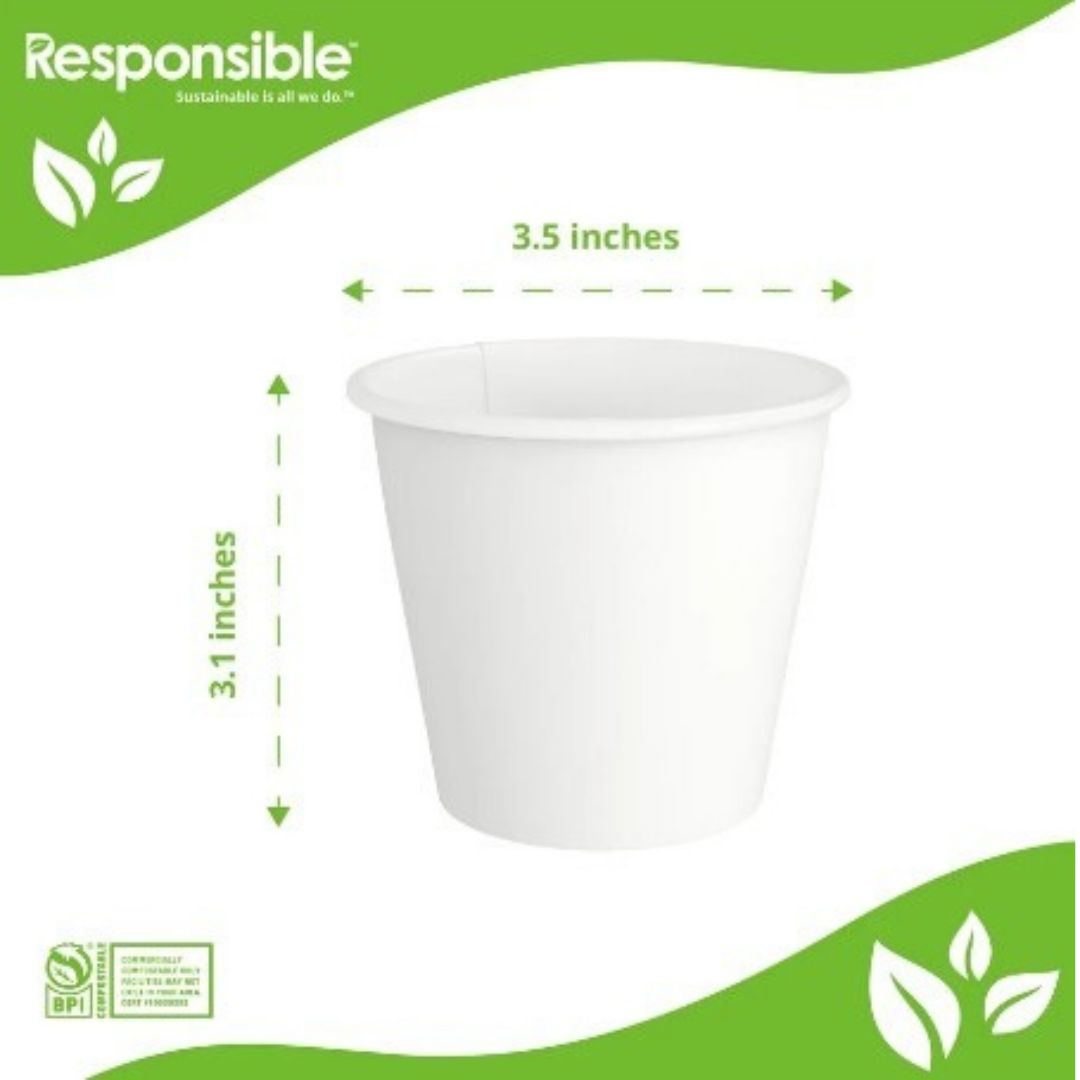 White paper cup with dimension markings showing a diameter of 3.5 inches and a height of 3.1.