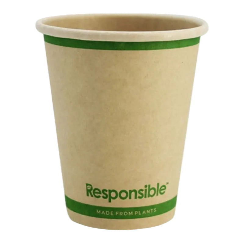 Compostable paper cup with green band and 'Responsible' text on a white background