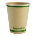 Compostable paper cup with green band and 'Responsible' text on a white background