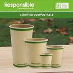 Set of compostable paper cups with 'Responsible' branding on a wooden surface.