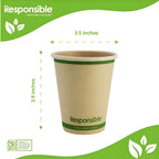 Compostable cup with green band and 'Responsible' branding, showing dimensions on a white background.