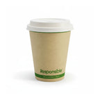 Compostable Paper cup with a white lid and green label on a white background