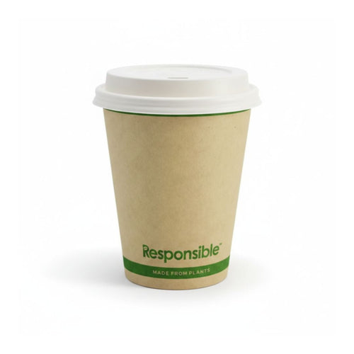 Compostable Paper cup with a white lid and green label on a white background