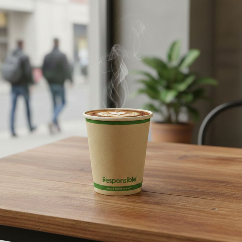 Steaming coffee cup on a wooden table with a blurred background