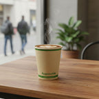 Steaming coffee cup on a wooden table with a blurred background