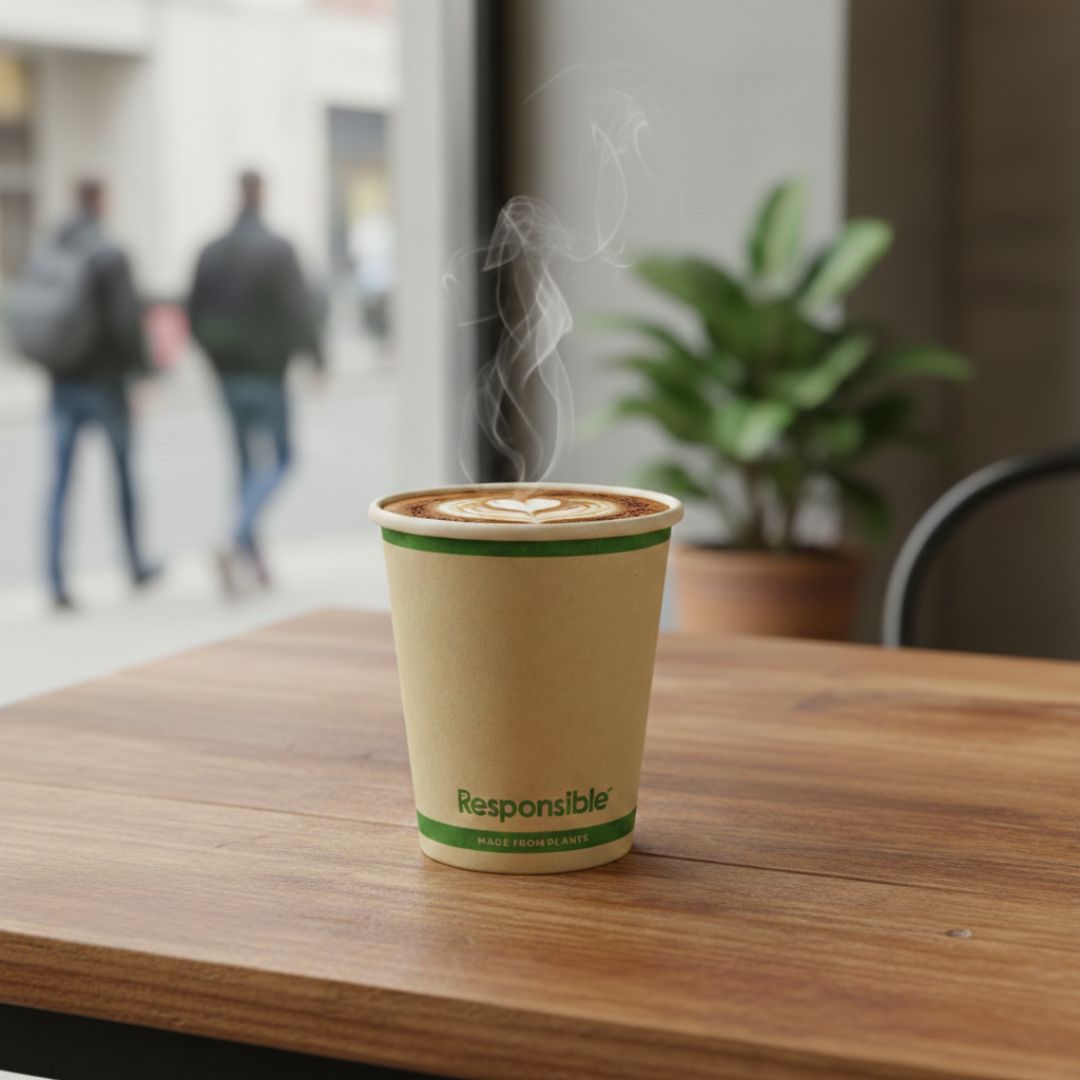 Steaming coffee cup on a wooden table with a blurred background