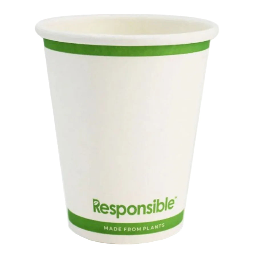 Compostable paper cup with green band and 'Responsible' text on a white background
