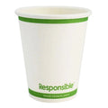 Compostable paper cup with green band and 'Responsible' text on a white background