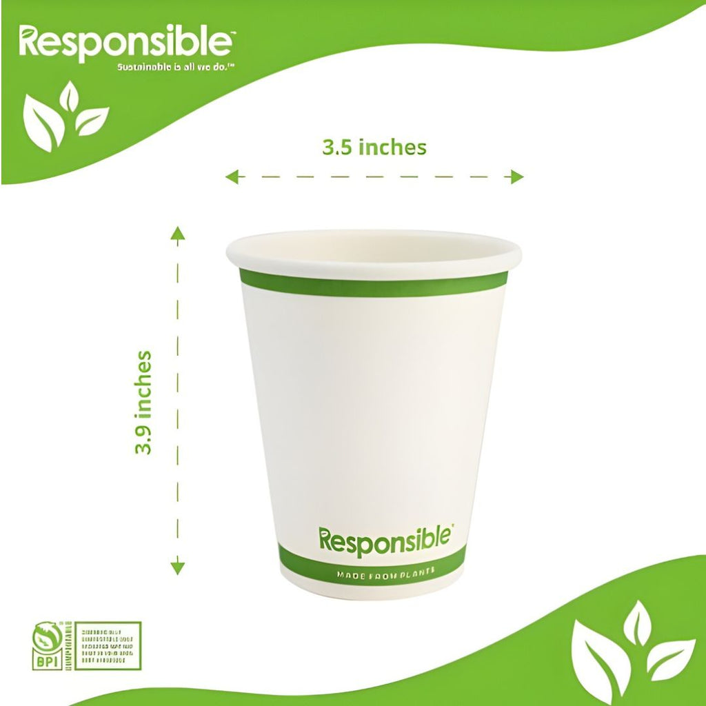 White paper cup with green band and 'Responsible' branding on a white background