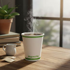 Steaming coffee in a paper cup with 'Responsible' branding on a wooden table.
