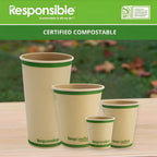 Set of compostable paper cups with 'Responsible' branding on a natural background