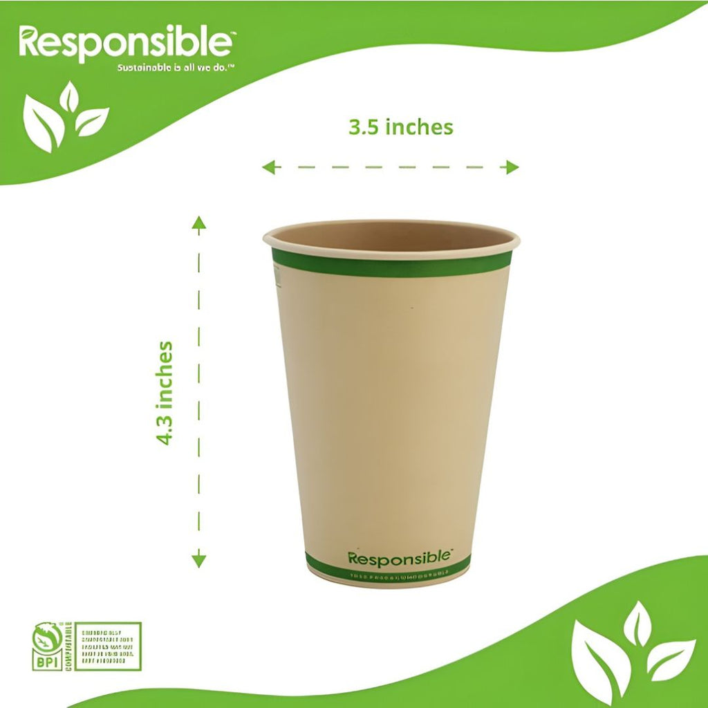 Compostable cup with green rim and 'Responsible' branding on a white background