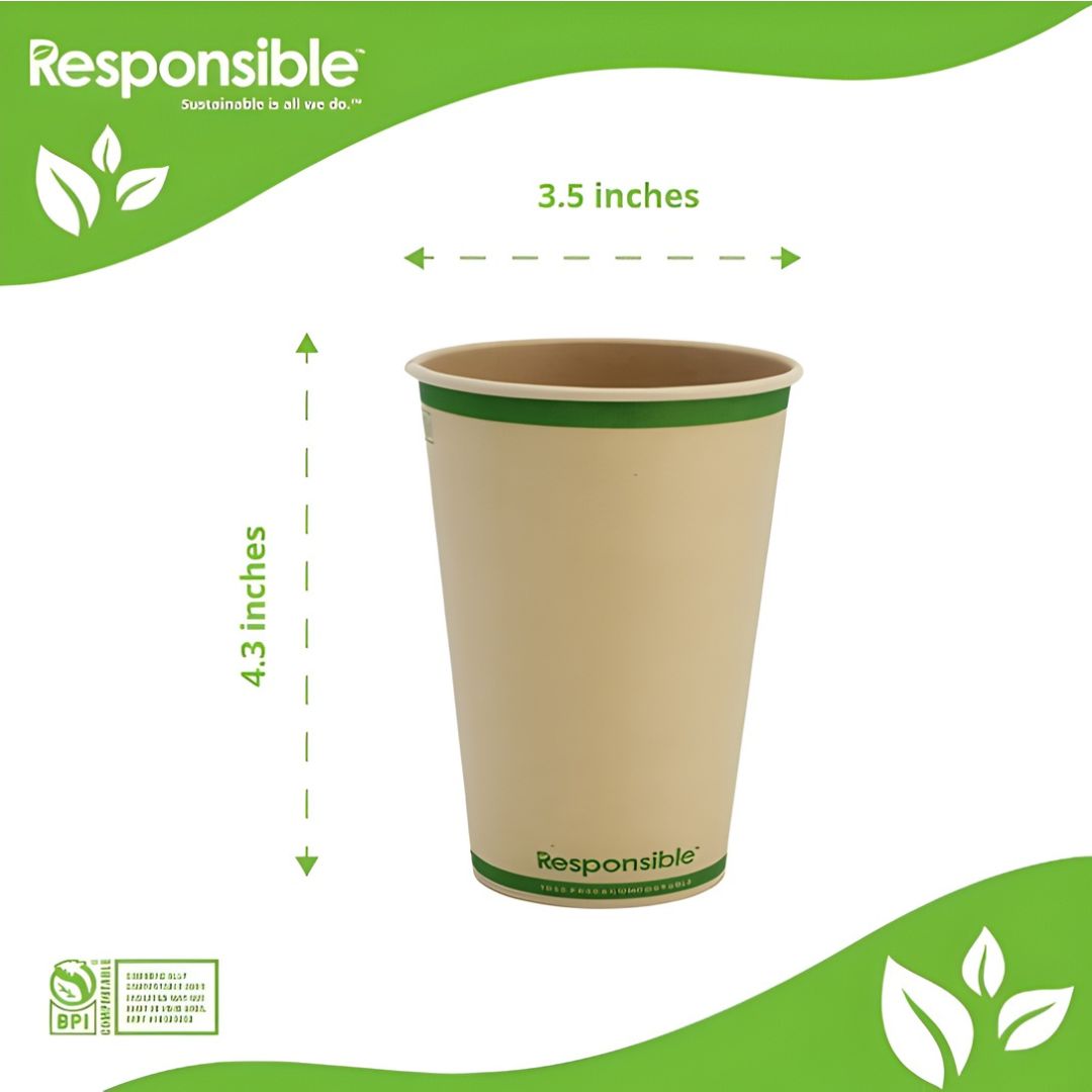 Compostable cup with green rim and 'Responsible' branding on a white background