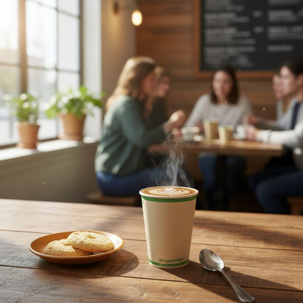 Steaming coffee cup with cookies on a wooden table in a cafe setting.