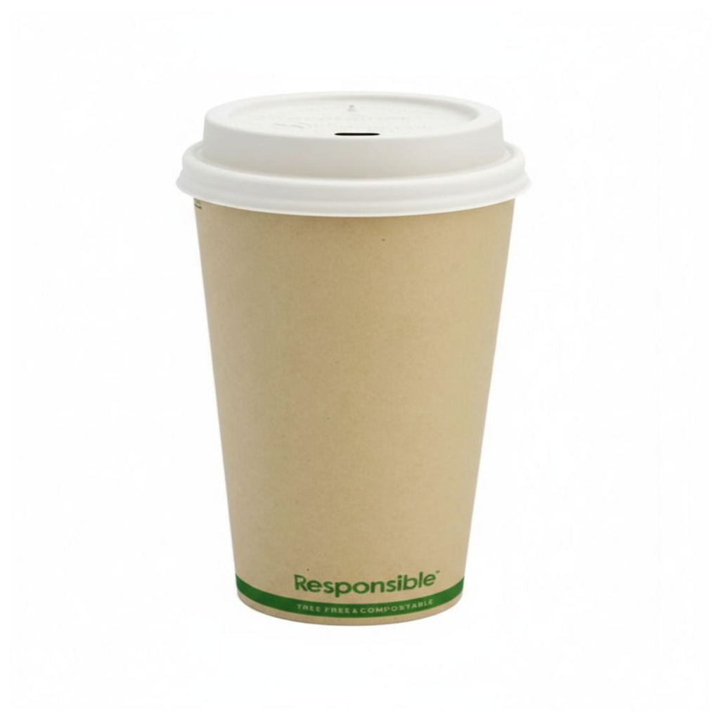 Compostable coffee cup with a white lid on a white background