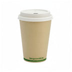 Compostable coffee cup with a white lid on a white background
