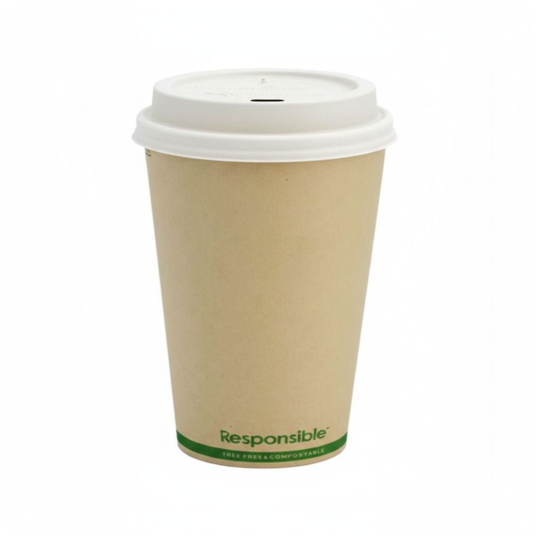 Compostable coffee cup with a white lid on a white background