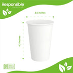 A white paper cup shown on a white background with green dimension arrows indicating a height of 4.3 inches and a width of 3.