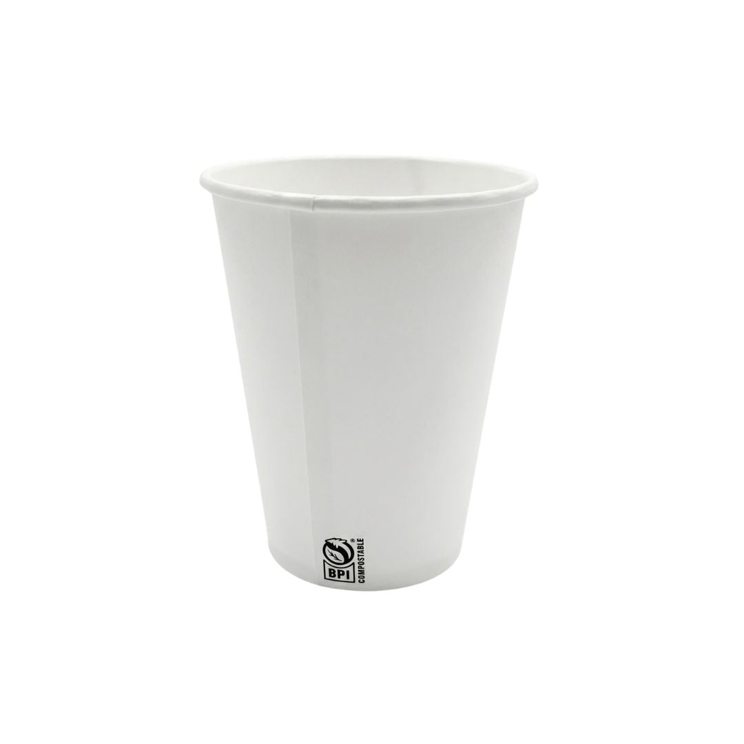 A white paper hot cup with a small black BPI logo near the bottom, isolated on a white background.