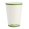 White paper cup with green rim and 'Responsible' branding on a white background