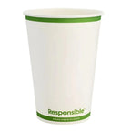 White paper cup with green rim and 'Responsible' branding on a white background