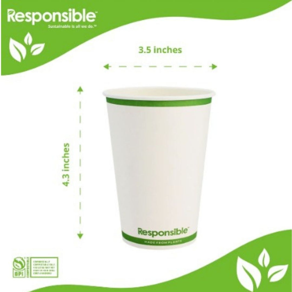 White paper cup with green rim and 'Responsible' branding on a white background