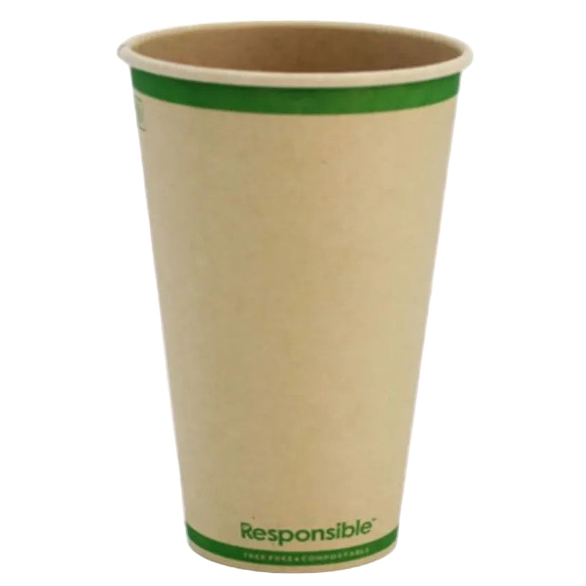 Compostable paper cup with green rim and 'Responsible' text on a white background