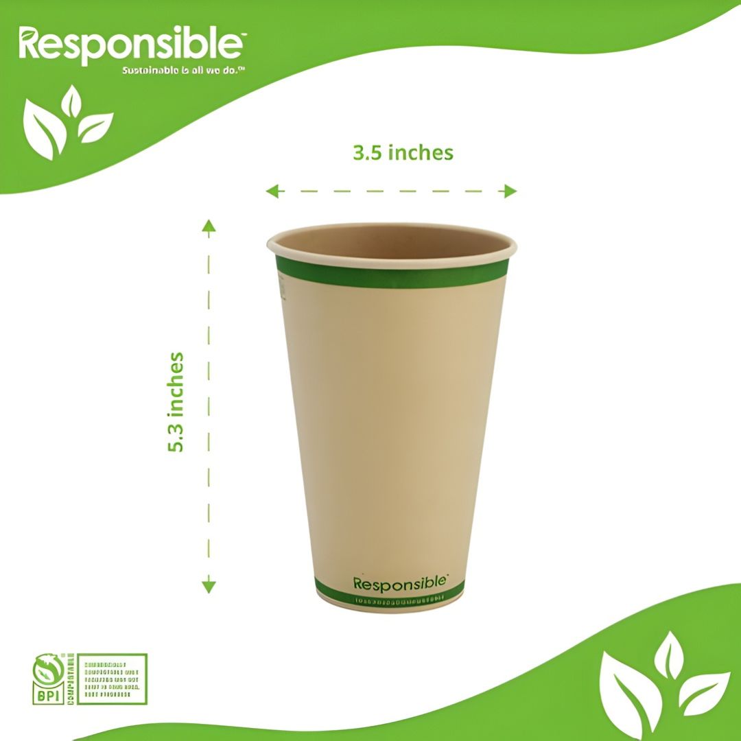 Compostable cup with green band and 'Responsible' branding on a white background