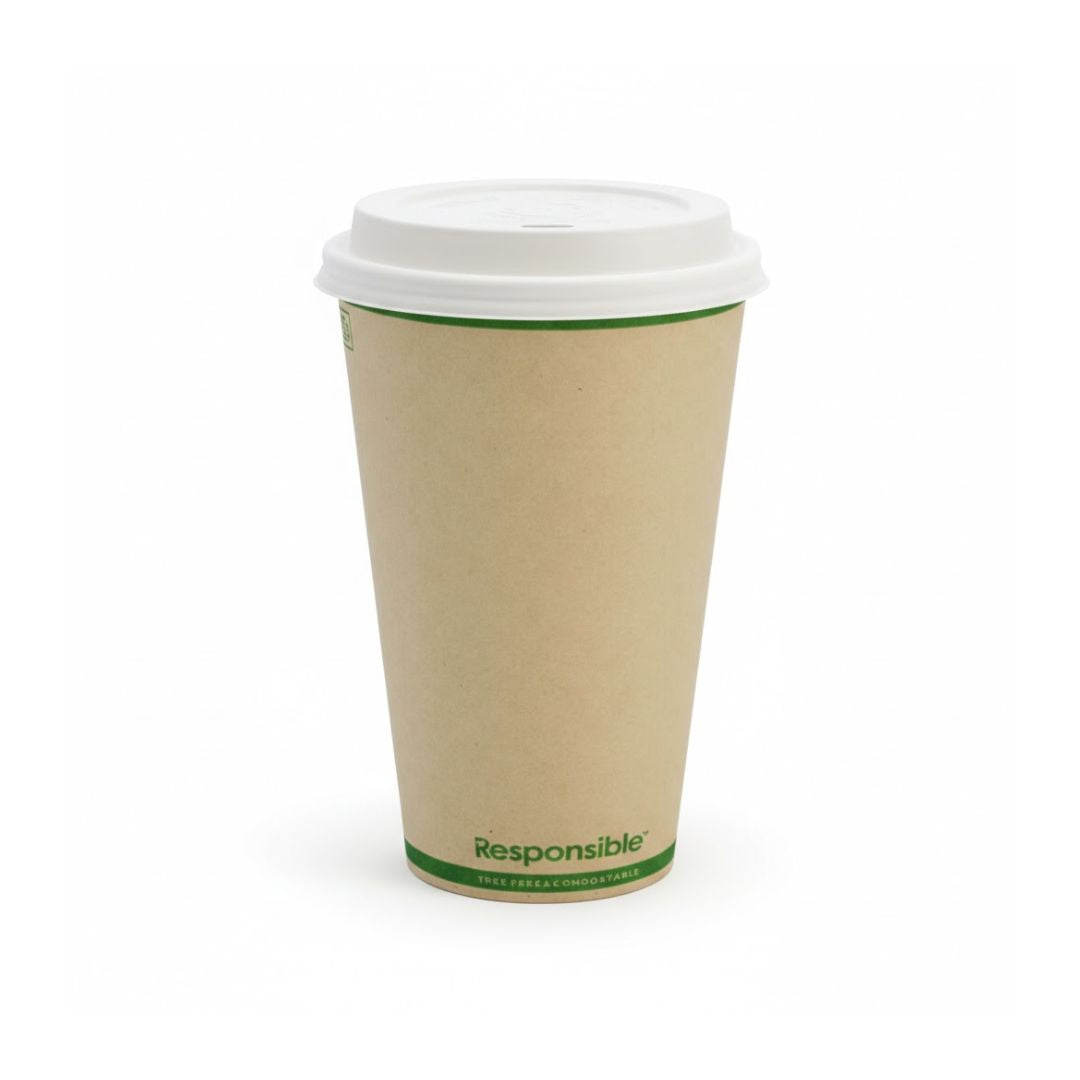 Compostable coffee cup with a white lid on a white background