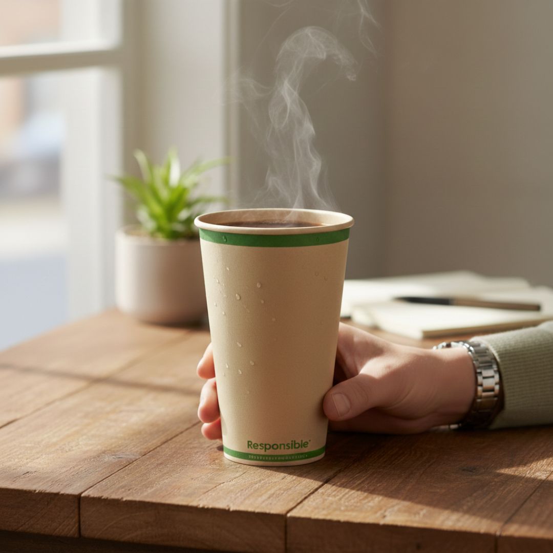 Hand holding a steaming paper cup with a green rim on a wooden table, blurred background