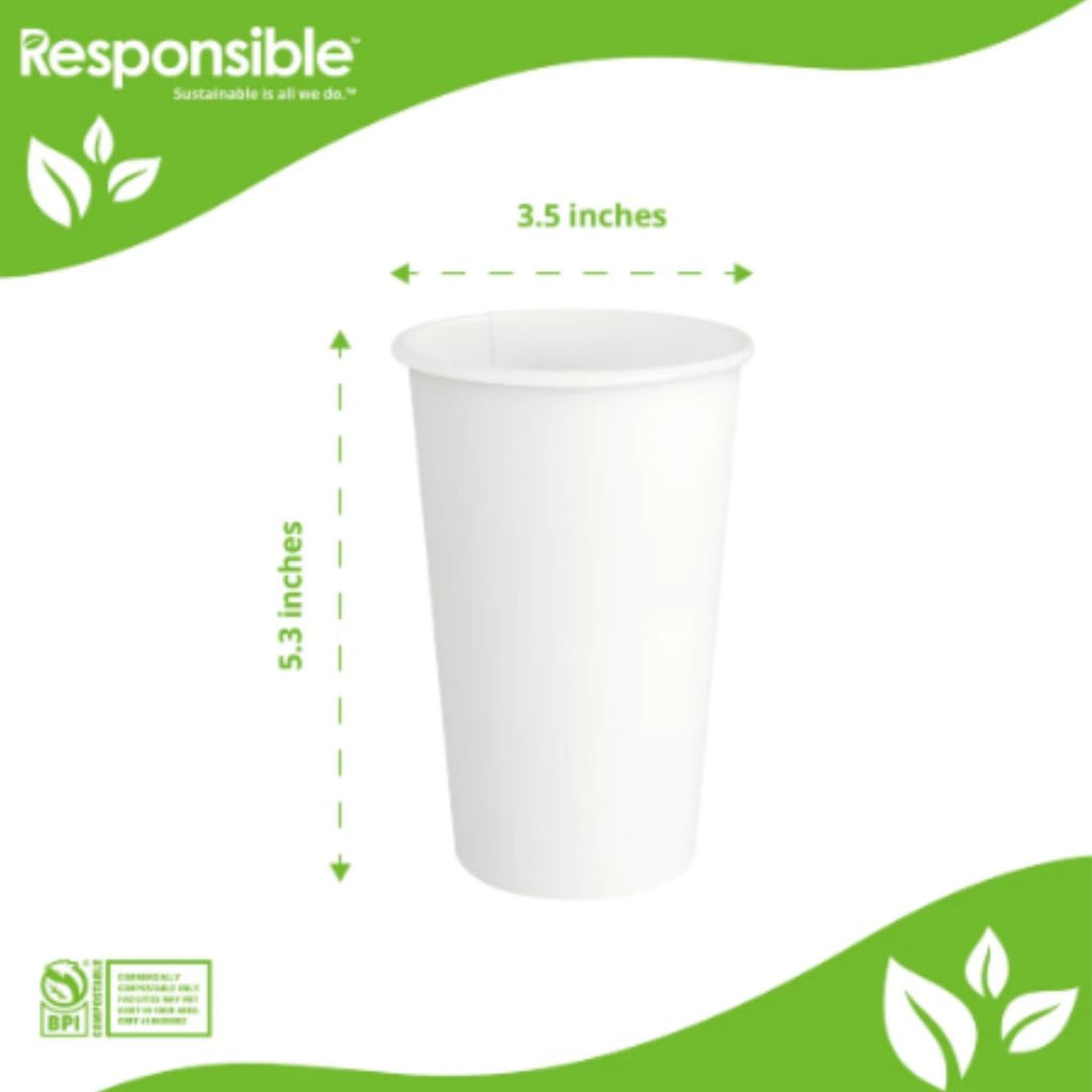 A white paper cup with dimension labels showing a height of 5.3 inches and a diameter of 3.