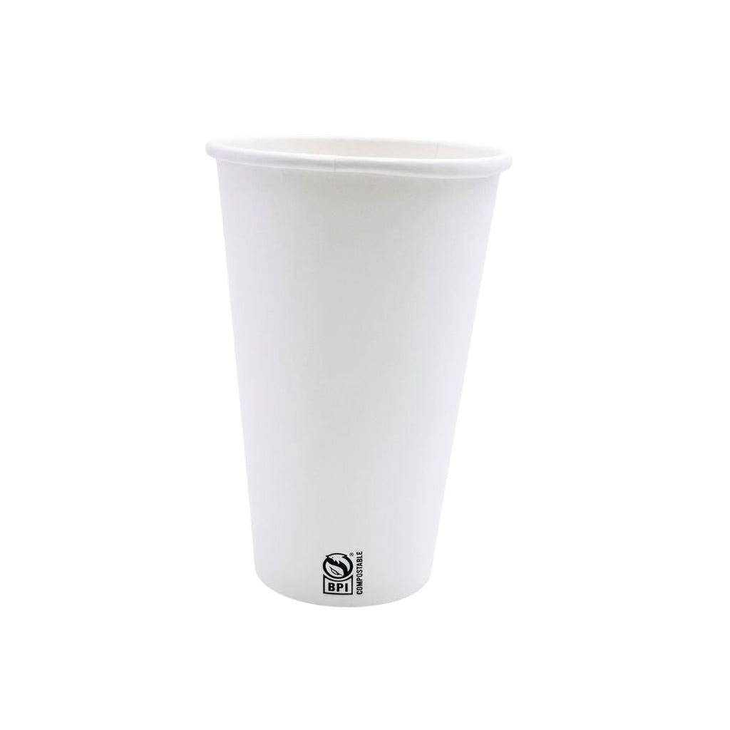 A white paper hot cup with a small black BPI symbol printed near the bottom, shown on a plain white background.