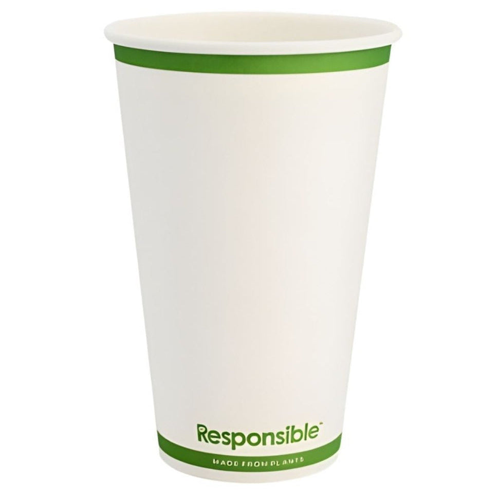 White paper cup with green band and 'Responsible' text on a white background