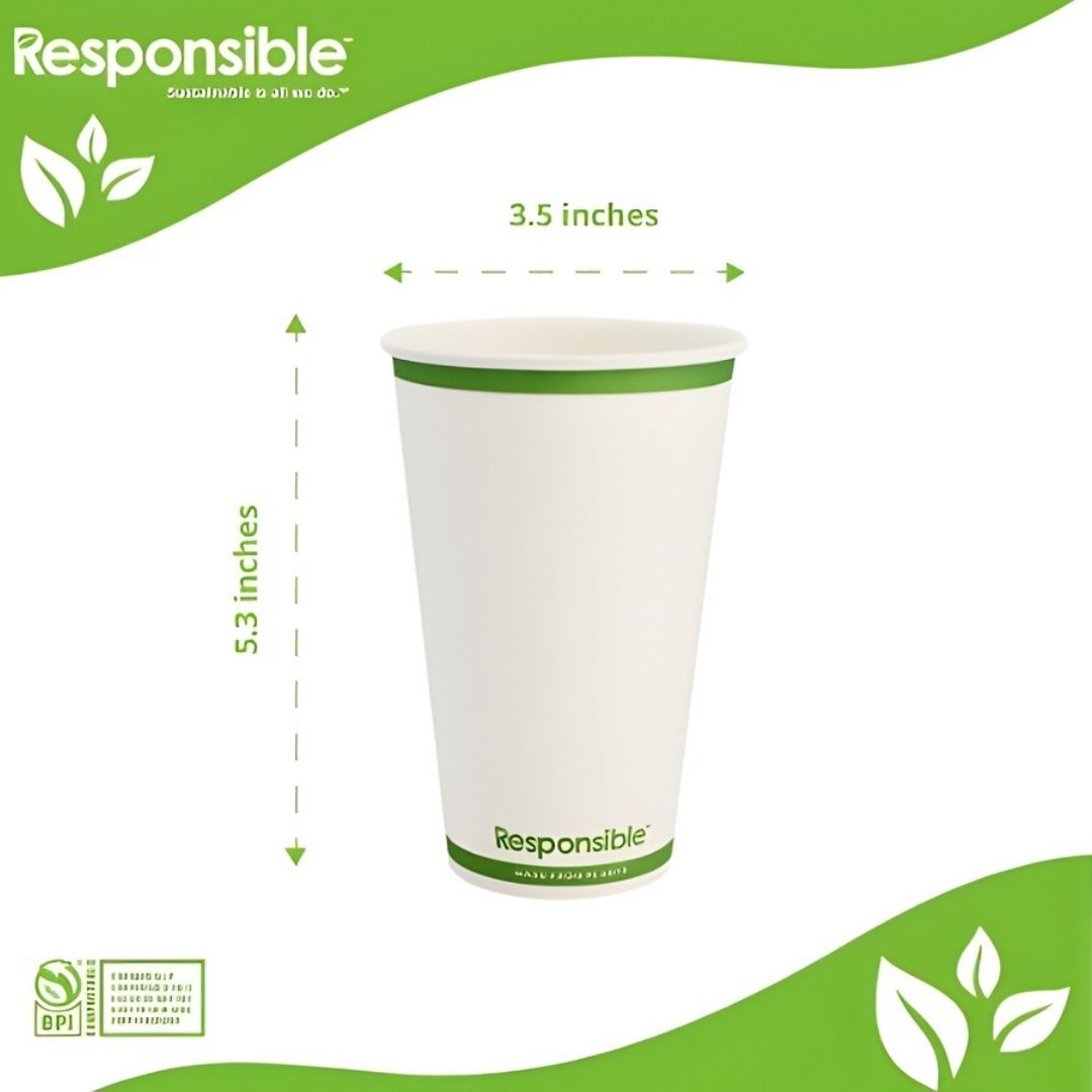 White paper cup with green accents and 'Responsible' branding on a white background