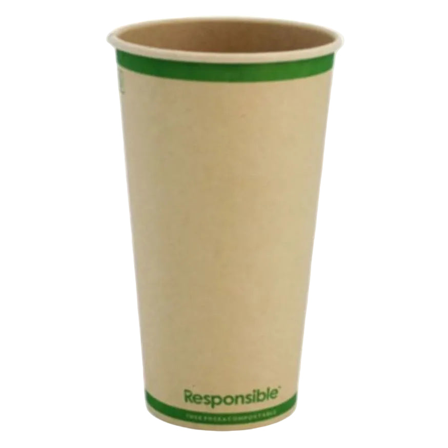 Compostable cup with green rim and 'Responsible' branding on a white background