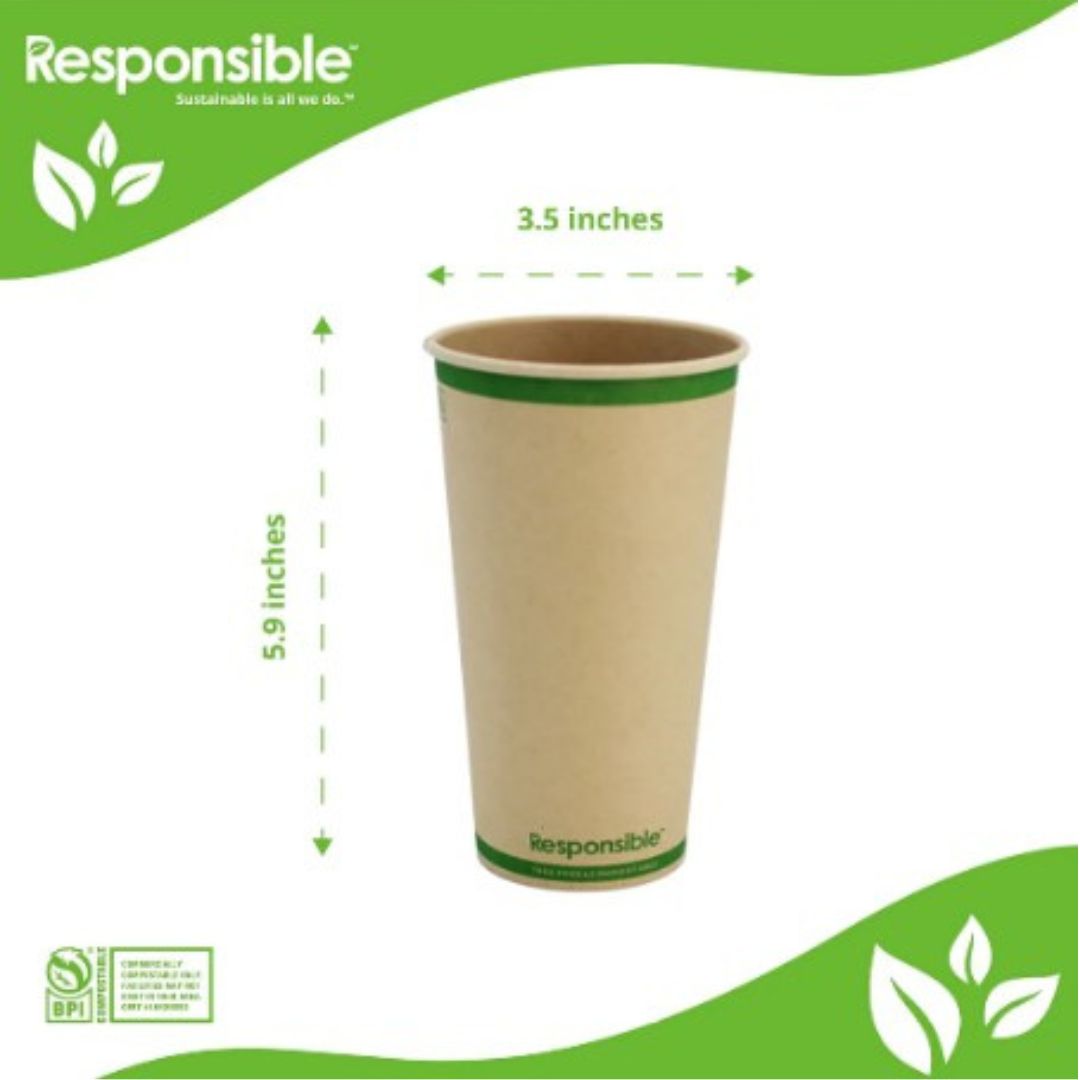Compostable hot cup with dimensions and 'Responsible' branding on a green and white background